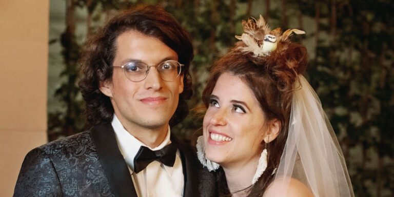 MAFS Bennett Amelia in wedding outfits smiling