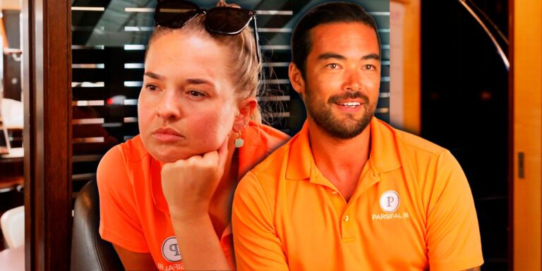 Below Deck's Daisy Kelliher resting her chin on her hand and Colin MacRae smiling