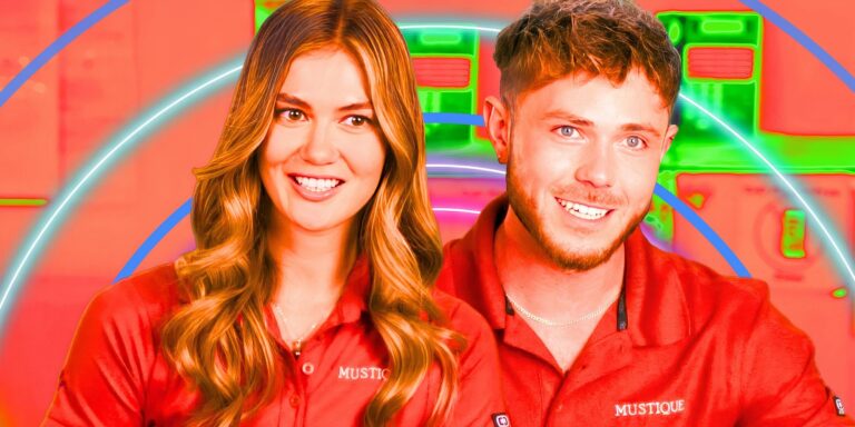 Gael and Nathan from below deck med wearing their red polos smiling with neon circles and multicolored background