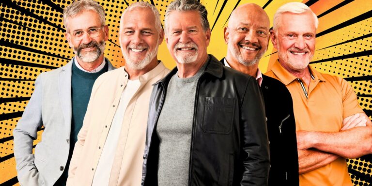 image of 5 of The Golden Bachelorette Season 1 men with black and yellow background