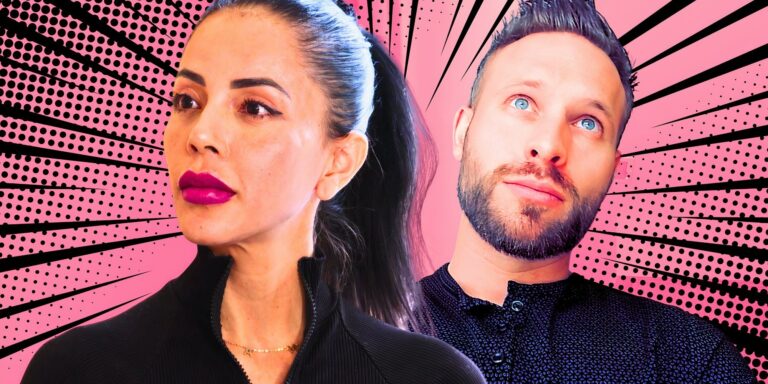 Jasmine and Matt from 90 Day Fiance both in matching black outfits looking serious