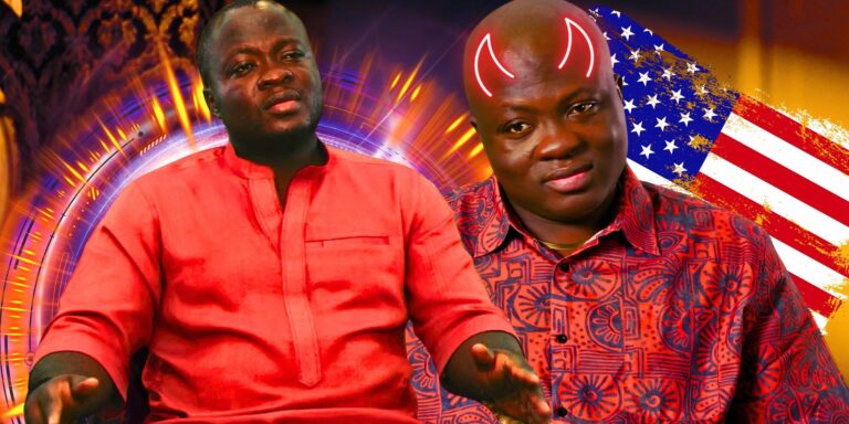 90 Day Fiancé Michael Ilesanmi looking shady with devil horns in orange shirt