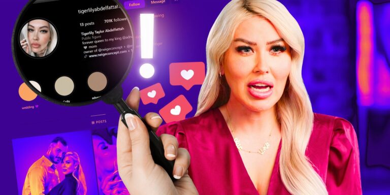 90 Day Fiancé Tigerlily Taylor with red dress and open mouth and screenshot of her IG