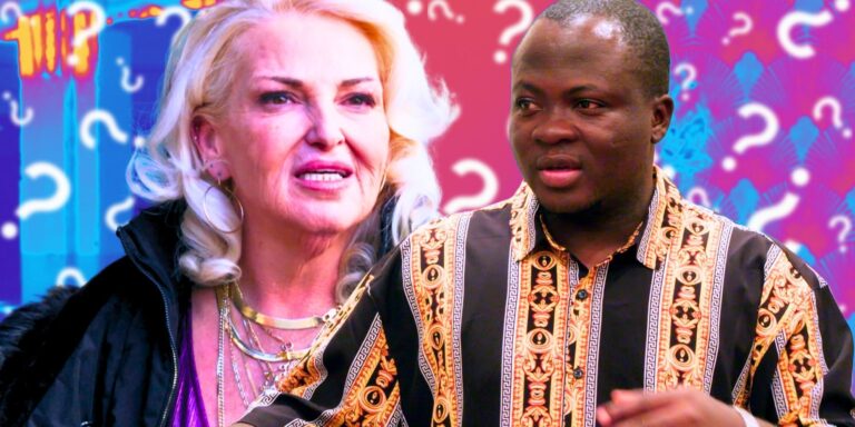 90 Day Fiance Angela Deem and Michael Ilesanmi in side by side images looking different directions with question mark background