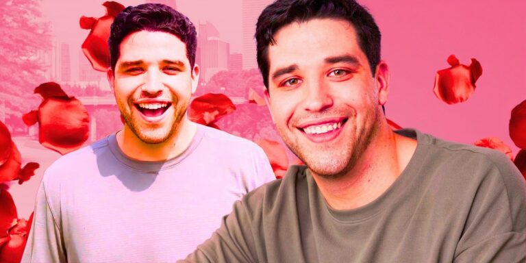 a montage of Devin smiling from The Bachelorette with rose petals in the background