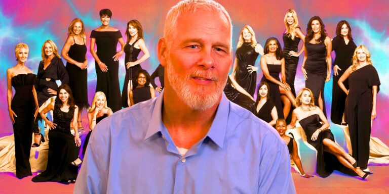 The golden Bachelorette - Mark Anderson is situated in front of a group shot of The Golden Bachelor women.