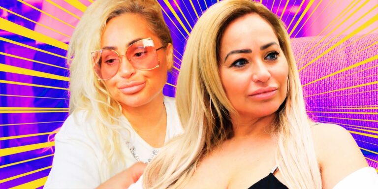 90 day fiance star darcey silva in montage with two serious poses and yellow and purple background-1