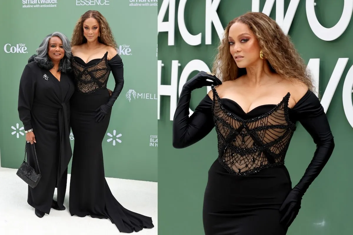 Vêtue d'une robe noire, Tyra Banks Smize sur le tapis rouge avec sa maman au 2025 Essence Black Women in Hollywood Awards