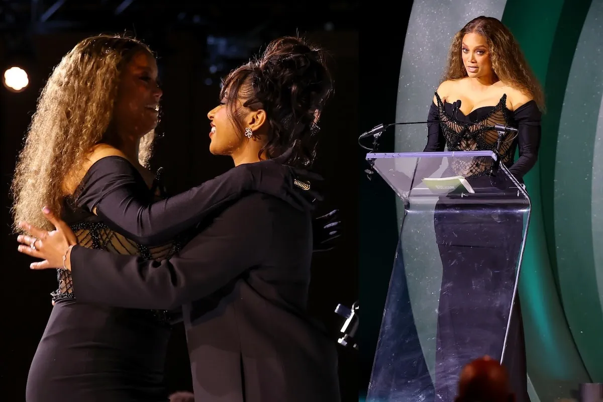 Portant une robe noire, Tyra Banks, lauréate de Luminary Spotlight, parle sur scène pendant les prix noirs Essence Black in Hollywood 2025