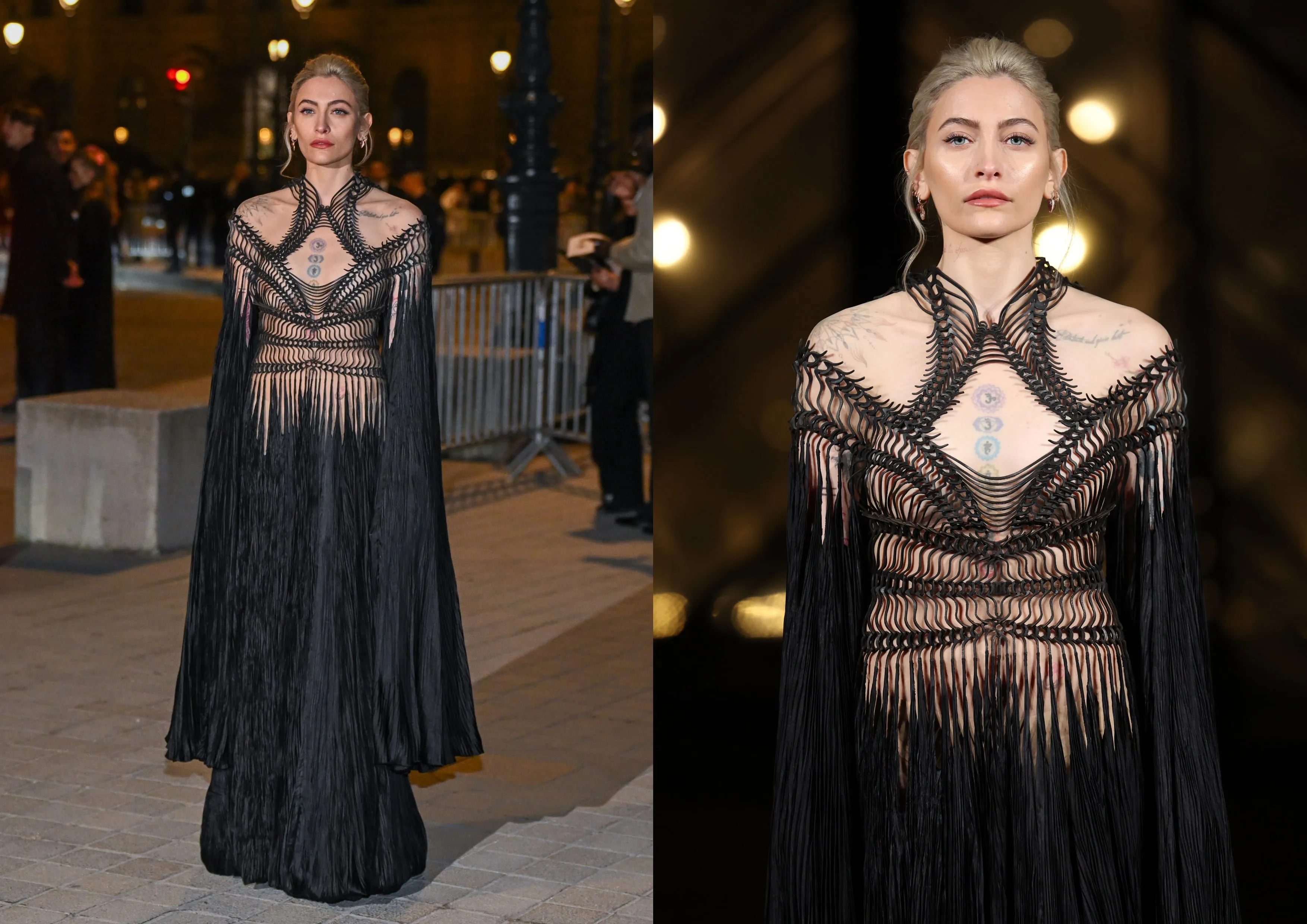 Portant une robe noire, Paris Jackson pose à l'extérieur du Louvre à Paris