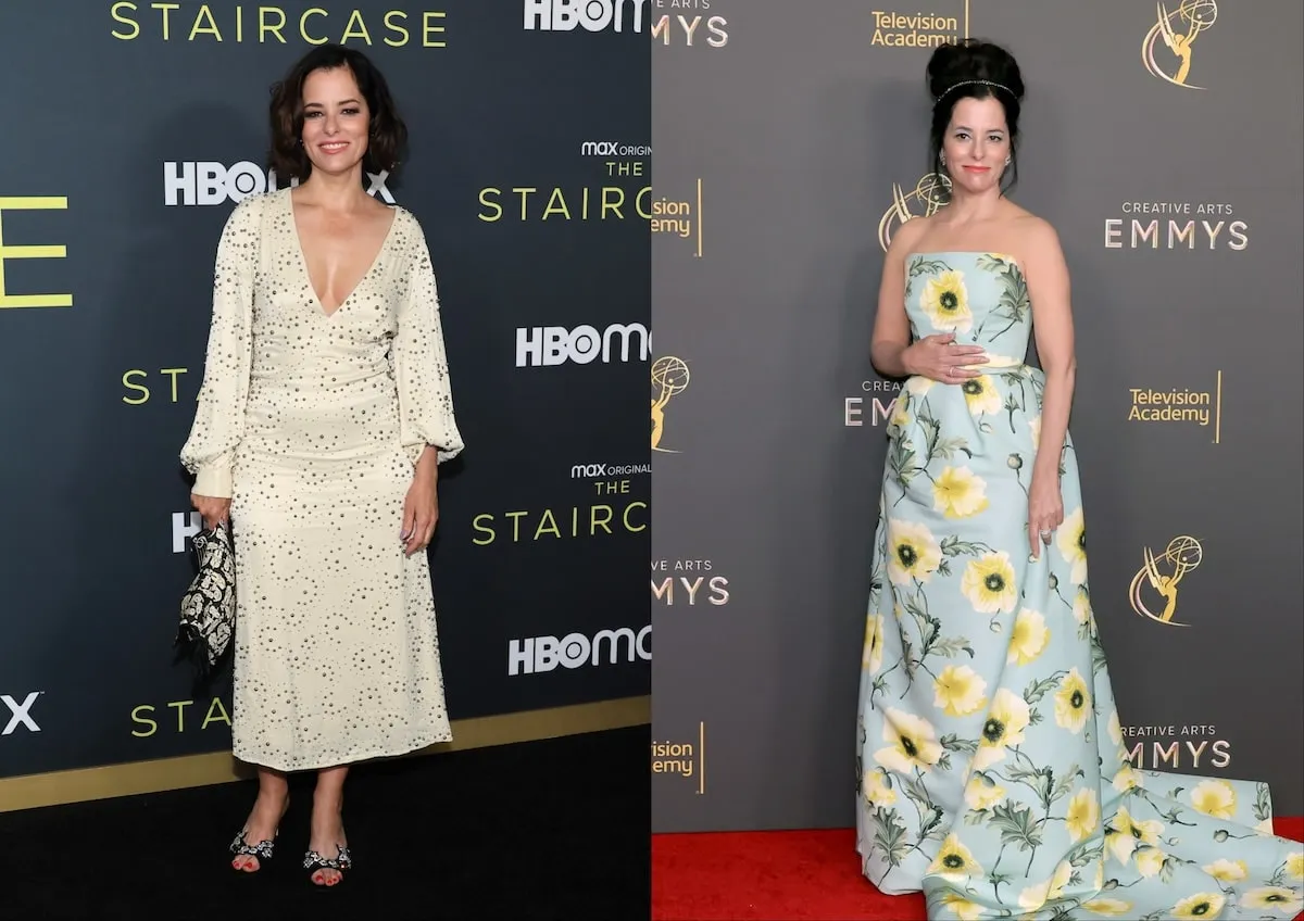 Photos côte à côte de Parker Posey portant une robe blanche et Posey portant une robe bleu clair