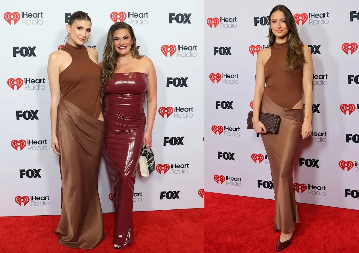 Vêtu d'une robe brune et d'une robe en latex rouge respectivement, Janet Capherna et Brittany Cartwright Smile sur le tapis rouge aux Iheartradio Music Awards