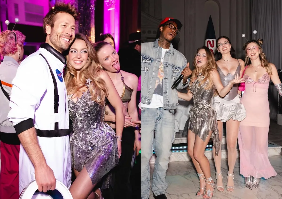 Photos côte à côte de Sydney Sweeney dans une robe de meurtre en argent avec Glen Powell et Wiz Khalifa